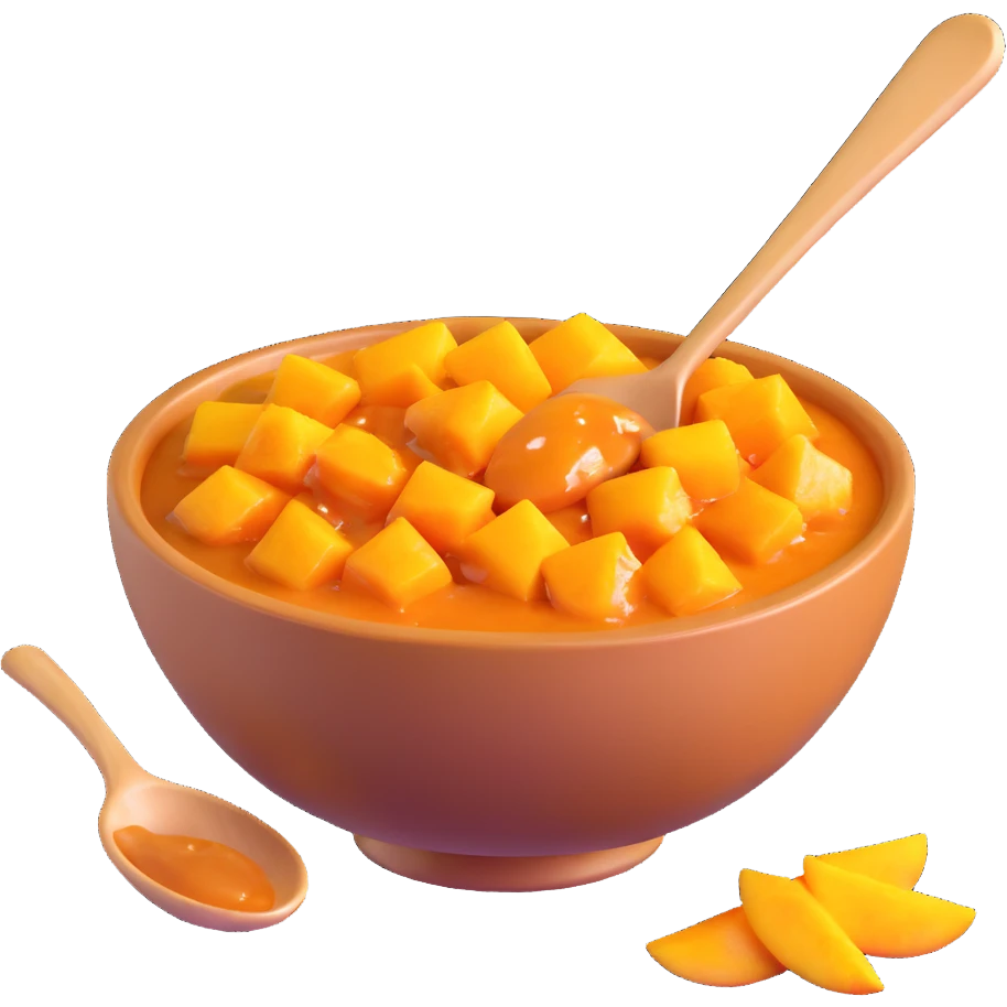 realistic 3D bowl of mango chutney with spoon emoji