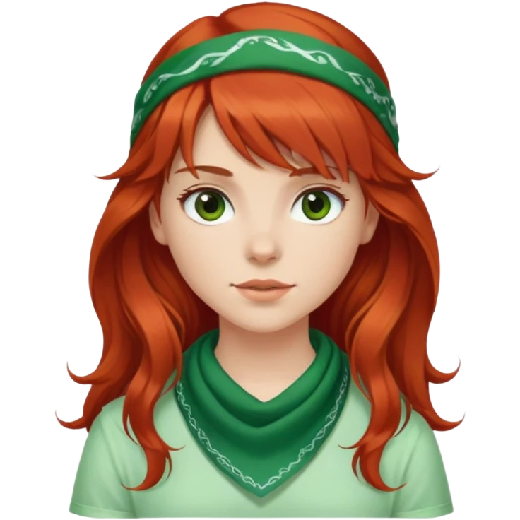 White red-haired girl with wavy long hair, brown eyes, bangs, and a green bandana emoji