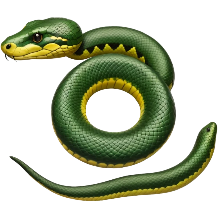 A photo-realistic top-down view of a Green Anaconda tightly coiled in a spiral, with its broad, flat head resting at the center. Its thick, muscular body is olive-green and covered in symmetrical, bold black oval spots that stand out against its smooth scales, creating striking natural camouflage. emoji