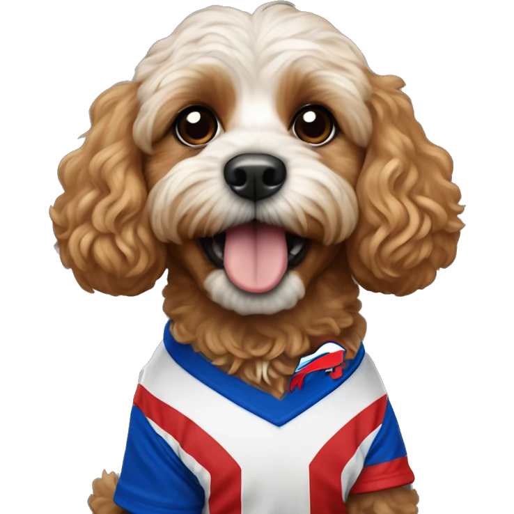 Cavapoo dog wearing a buffalo bills jersey emoji