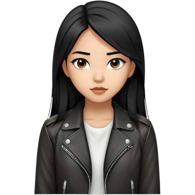 create an emoji of a 22-year-old woman, long straight black hair, black eyes with Asian features, she is brown, wears a black leather jacket with a white blouse underneath emoji