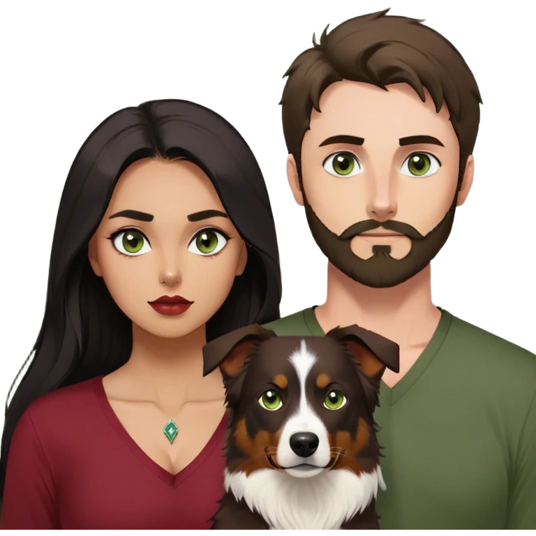 Thin white guy with beard and widows peak and green eyes and large pointy nose in olive green long sleeve AND One latina girl with long beautiful dark hair and dark eyes in a dark red v neck and makeup with her black tri colored  Australian shepherd large emoji
