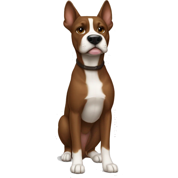 american stafforshire with ears down brown fur with dark brown straps all over his body, and a white thing on his chest and snout, but the snout one smaller emoji