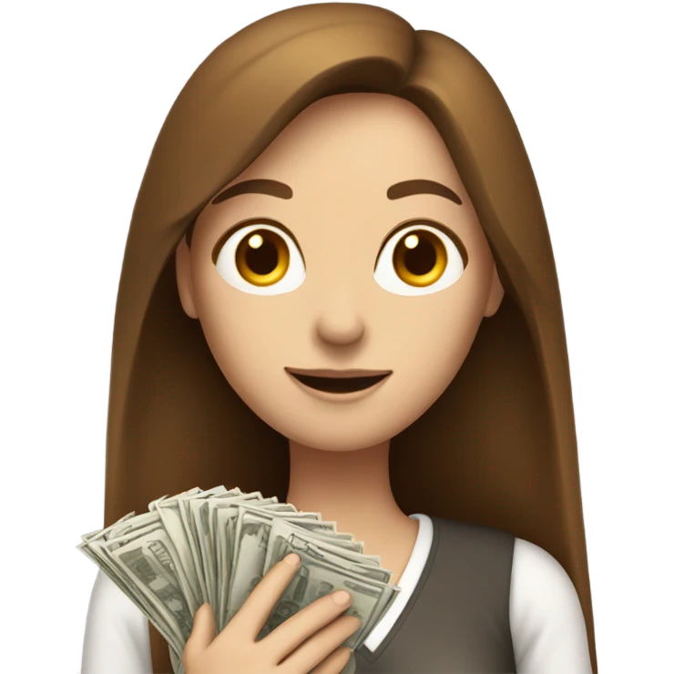 White woman with flowing brown hair counting money emoji