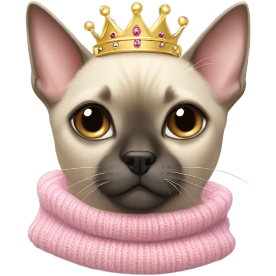 Siamese cat wearing a pink sweater and tiara hugging a light brown little dog wearing a grey sweater and crown emoji