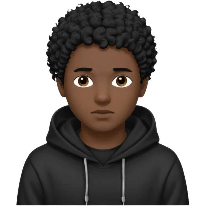 Emoji with guy with curly black hair and short quiff hairstyle, he is looking similar to music artist Central Cee, wear black t-shirt and black hoodie with hood pulled on his head. Looking straight at us, without deforming his face emoji