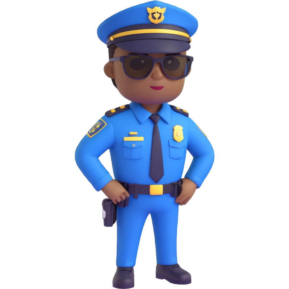 black police officer in a navy blue uniform, brown sunglasses, no hat, simple background emoji