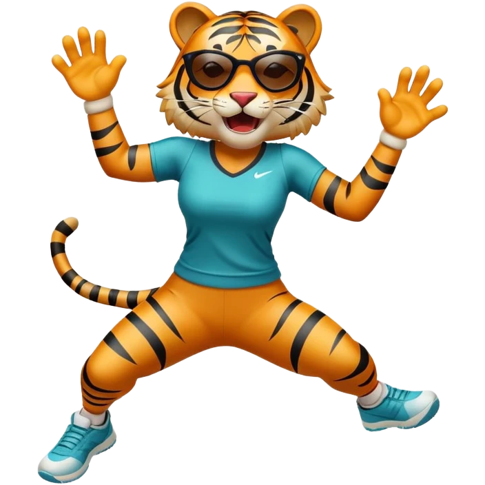 female energetic anthropomorphised tiger in sports clothes, wearing dark sunglasses, jumping with excitement emoji