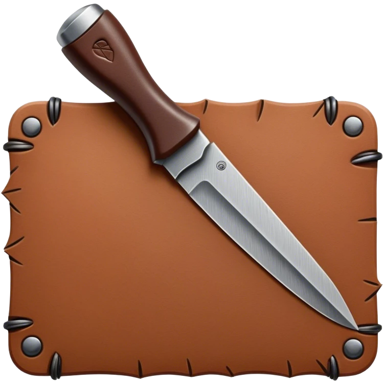 Leatherworking icon, big piece of raw leather with started engraving, engraving tool or chisel, stamp and press, textured surface, minimalistic style, clean lines, transparent background. emoji