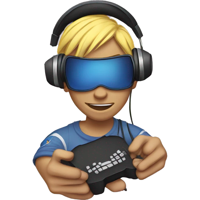 Gamer emoji with headphones on and a keyboard and mouse pad emoji