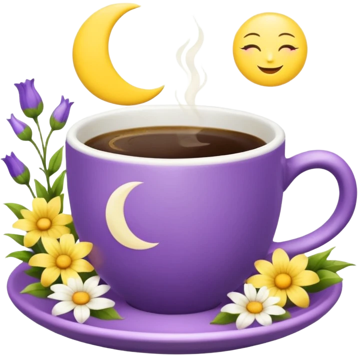 Coffee cup with a moon symbol on the cup in a garden of yellow and purple flowers  emoji
