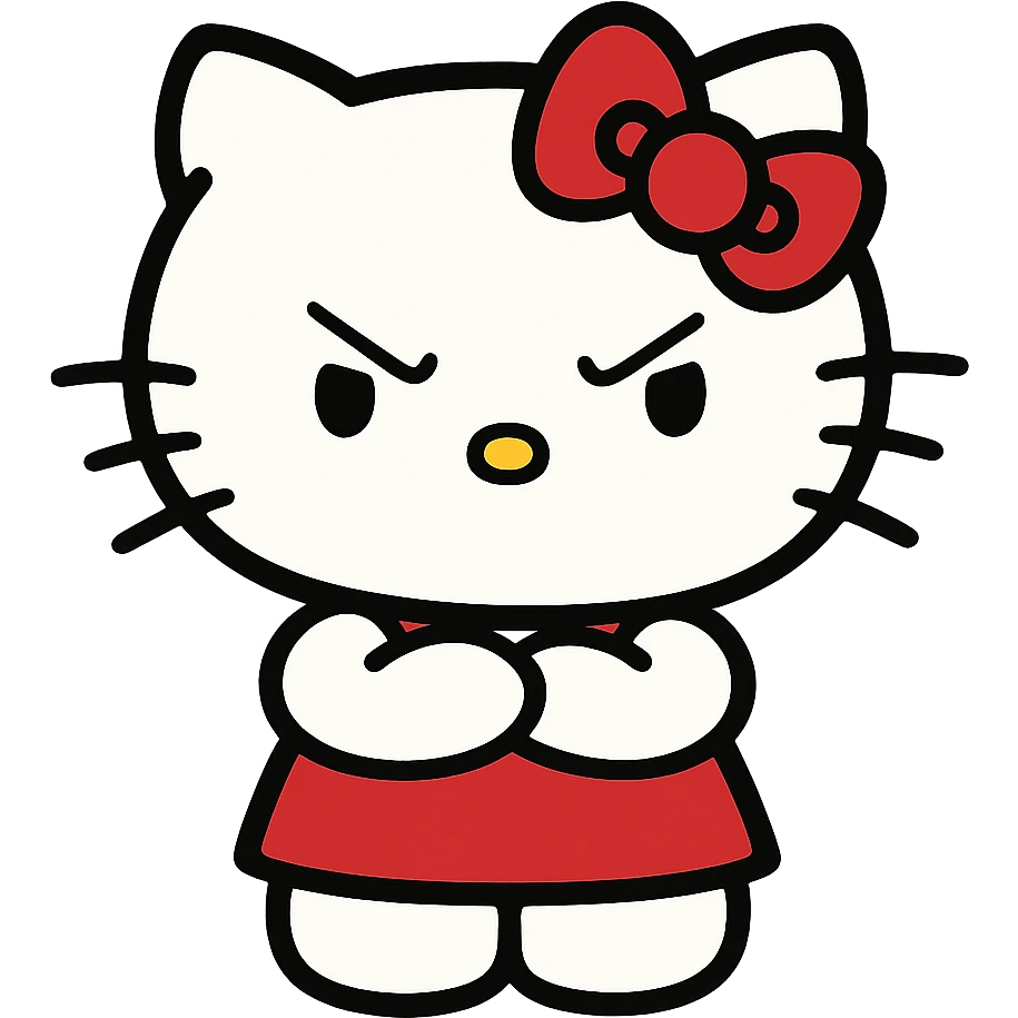 angry Hello Kitty, classic style, arms crossed, frowning emoji