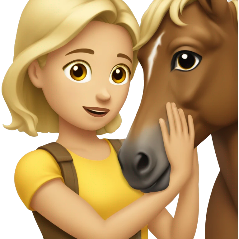 Dark blonde girl wearing sleeveless yellow shirt petting brown horse emoji