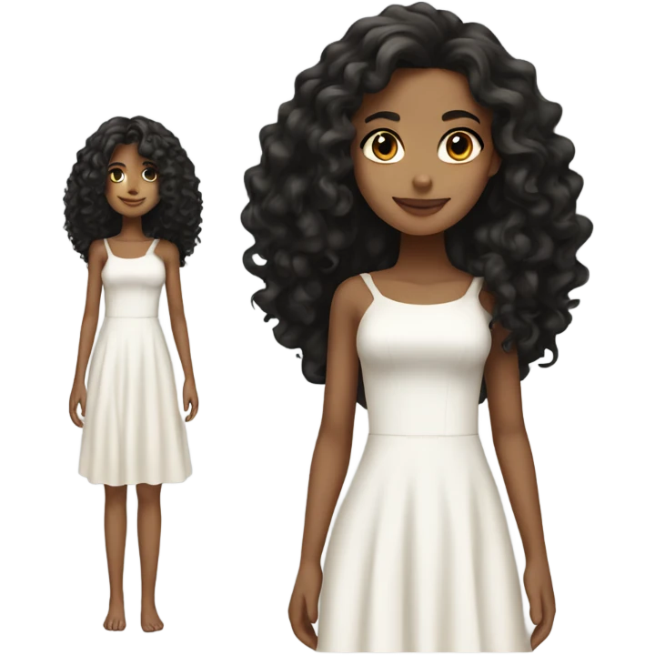 Tan girl with black long curly hair white dress full body emoji