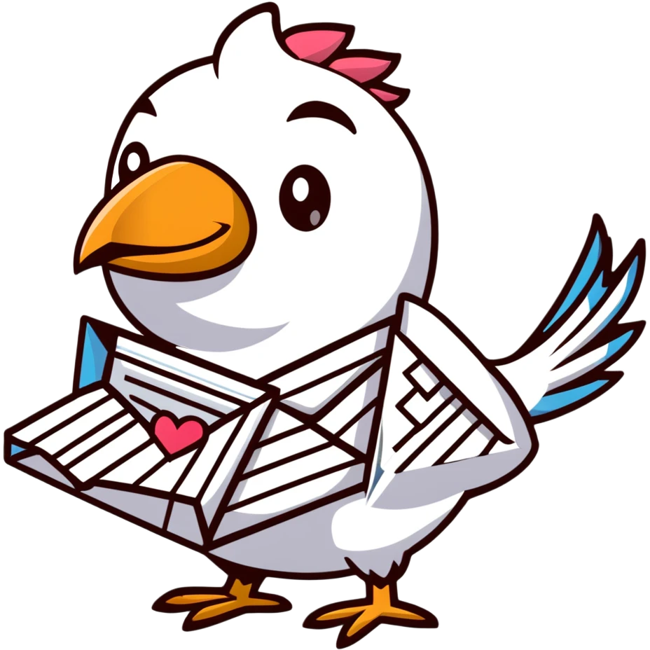 Mayan style bird carrying mail, love letter with heart, envelope with message, all with clean geometric lines emoji