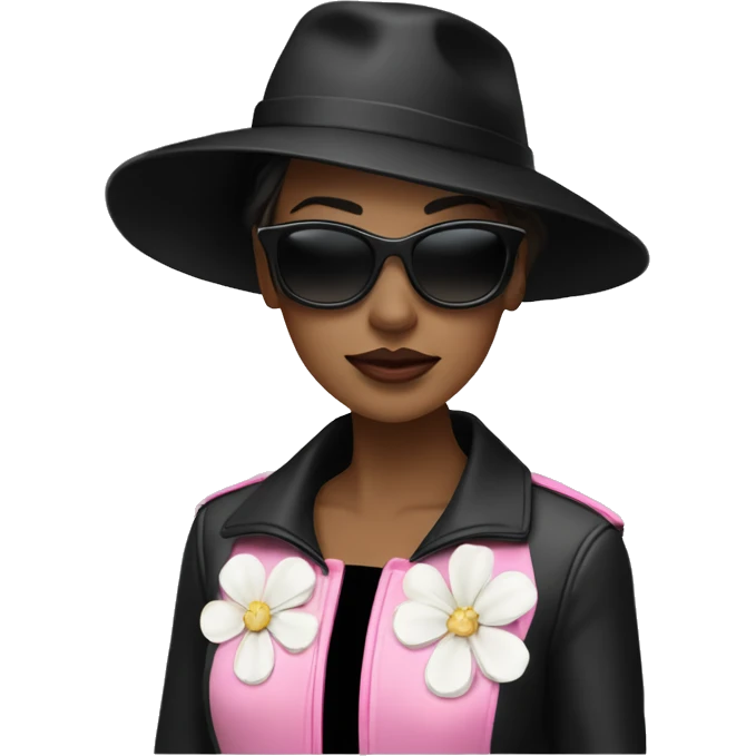  woman wearing a black hat adorned with a white flower and smaller decorative flowers. She is also wearing black sunglasses and a shiny pink jacket over a black top. She appears in a side profile pose , her head slightly tilted back. White skin emoji