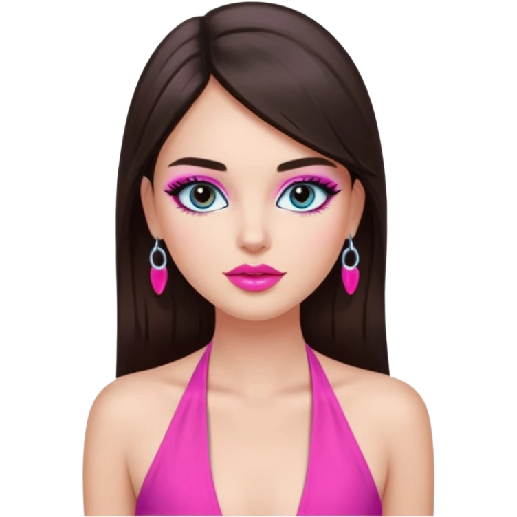 generate a pretty fair bratz girl with dark brown eyes, dark brown hair straight long. Wearing a hot pink halter neck top.  pink lipgloss. light blue eyeshadow emoji