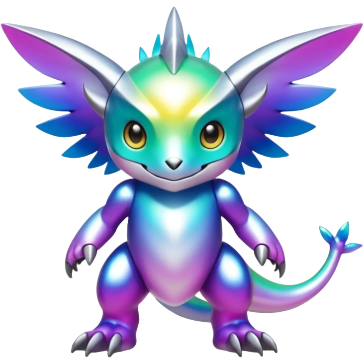 white iridescent colorful metallic alloy gradient shiny glossy Fakémon-Digimon-creature-hybrid (full body) emoji