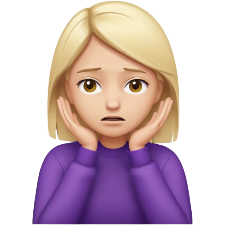 Emoji-style illustration of a frustrated young woman, smooth, shiny, perfectly styled blonde hair, wearing a purple sweater, holding her face in her hands, expressing annoyance and disappointment, cartoonish, expressive, simple lines, flat colors, clear silhouette emoji