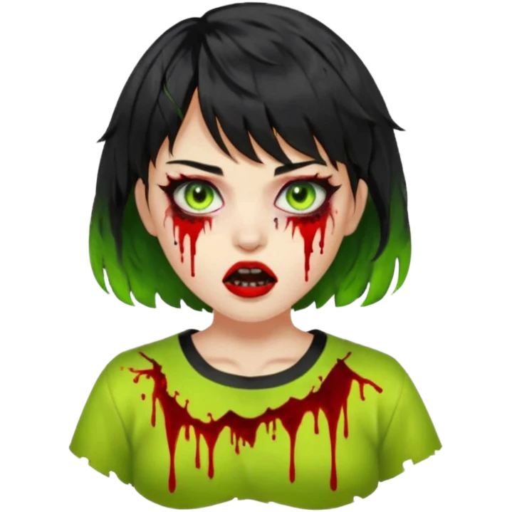 quero que você cria uma mulher, o rosto dela. nela, ela tem cabelo curto e ondulado(cabelo preto), tem franja. cor da pele é verde. os olhos arregalados e amarelos neon, e sai sangue deles. boca entreaberta e manchas de sangue na roupa.  emoji