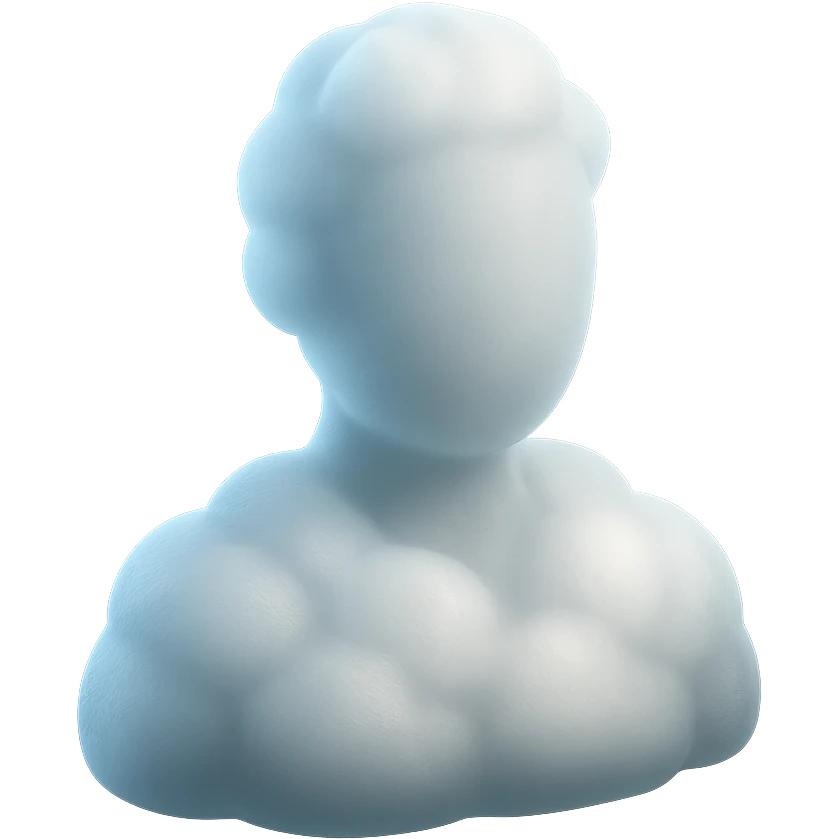 person made entirely of white fluffy convex clouds with soft glow, shoulders up, front view, matte glass style, no background emoji