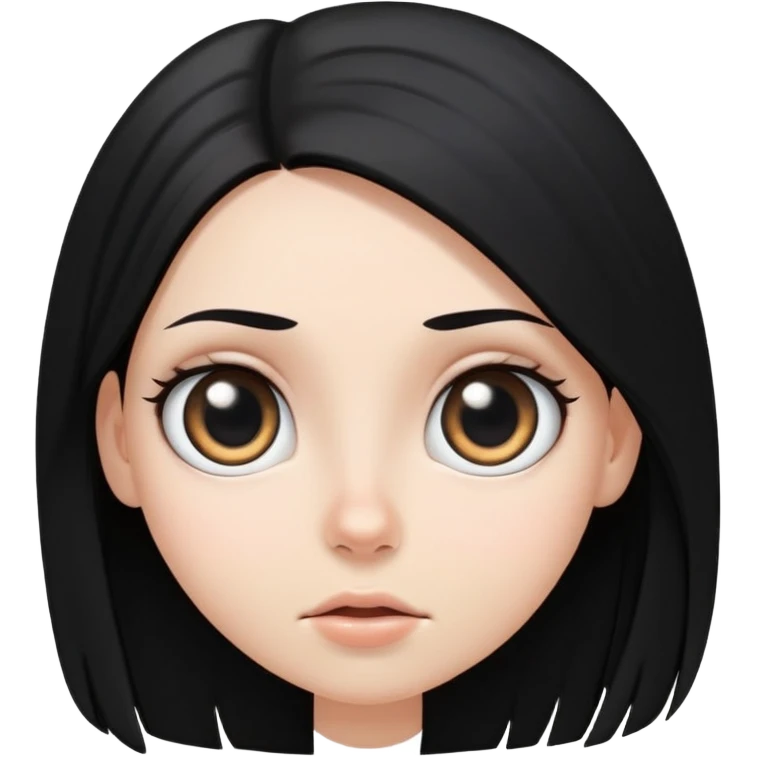 White girl face closeup with huge round eyes, long straight black hair falling in front of her bare shoulders, face closeup emoji