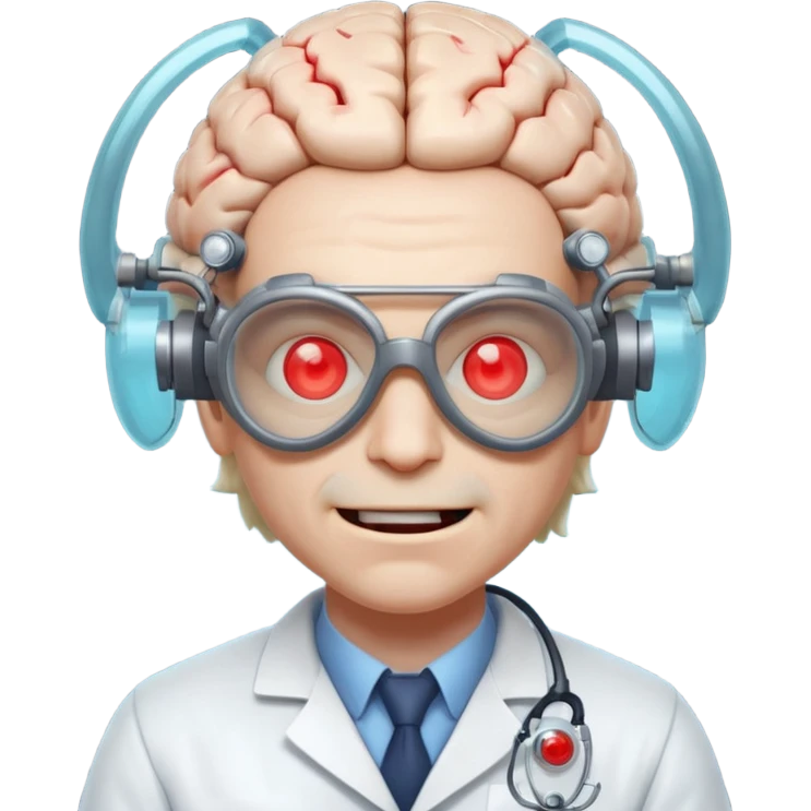 mutant scientist portrait, head and shoulders only, exposed glowing brain, broken goggles, evil smile, mad lab vibe, 3D cartoon, mobile game icon style, clean background, no text, no watermark

 emoji