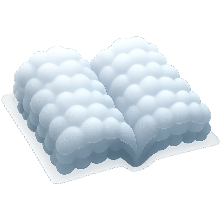 thick open book made entirely of small, very bright white fluffy convex clouds, matte glass style emoji