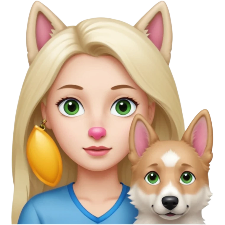 White European young woman with blue-green eyes and long blond hair with her white German Shepherd dog,the Dog has a pink nose and short fur  and Brown eyes emoji