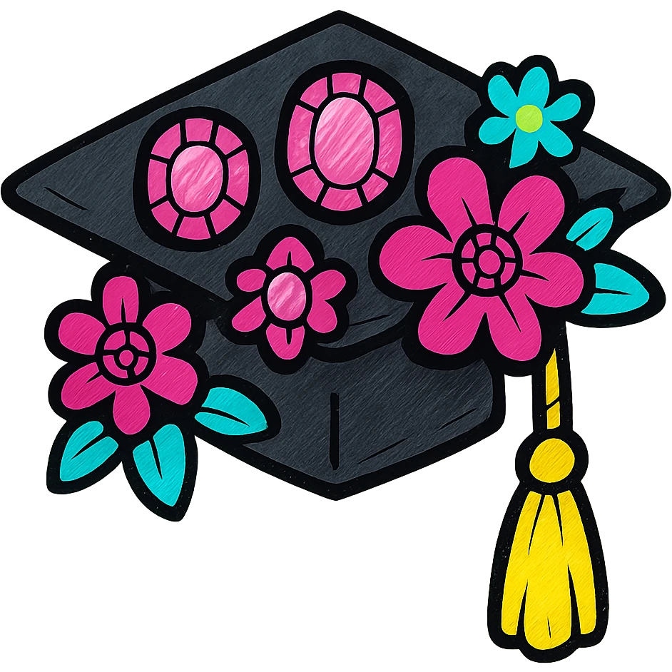 black graduation cap with rose gold gems and floral details, chic and feminine emoji