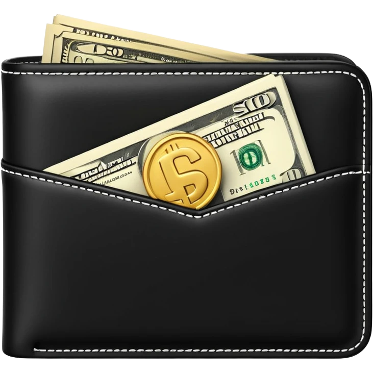 Rich emoji style black leather wallet with dollar bills, luxury money vibe, premium 3D emoji, ultra clean, high detail, no background
 emoji