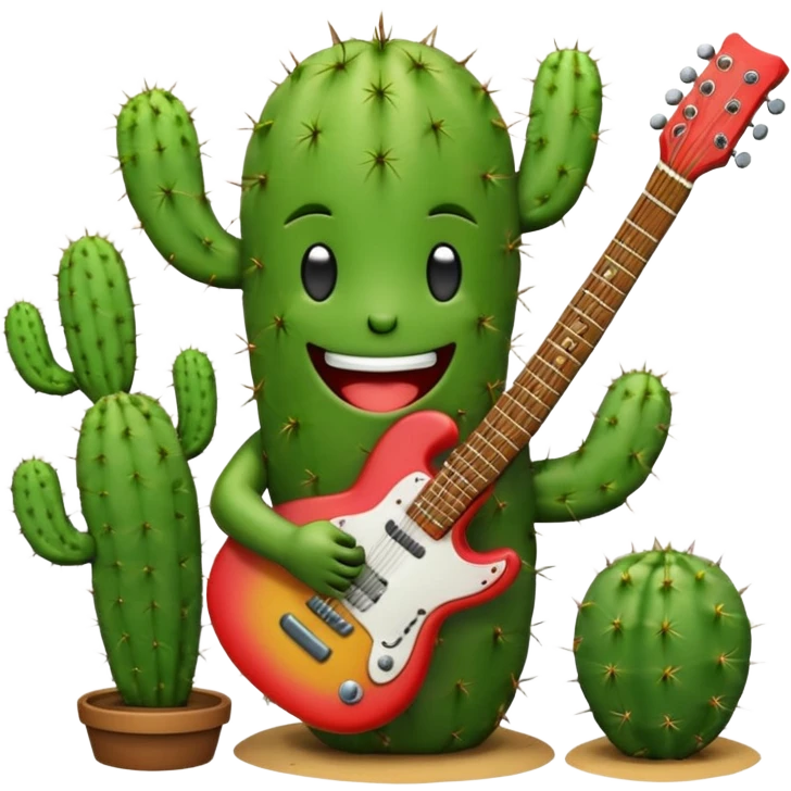 cactus cartoon character playing guitar, big smile, emoji style emoji