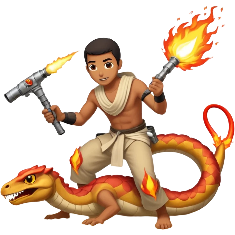 an egyptian man fighting a sand viper using a flamethrower emoji