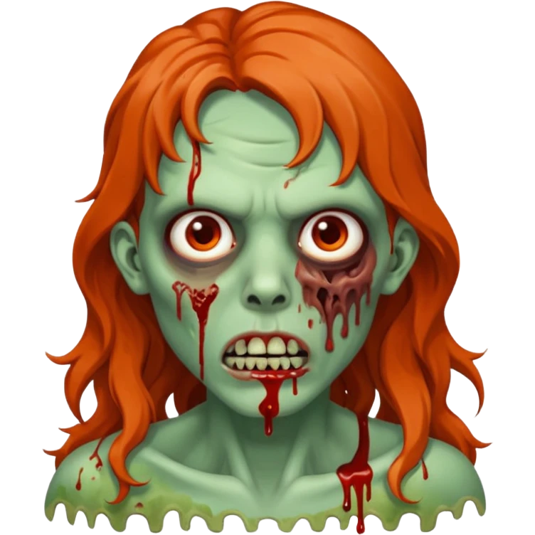 Faça com aparência de zumbi, sagrando na boca, cabelo ondulado no ombro marrom meio alaranjado nas pontas emoji