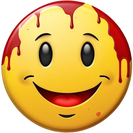 Yellow round smiley face badge with a small red blood splatter emoji