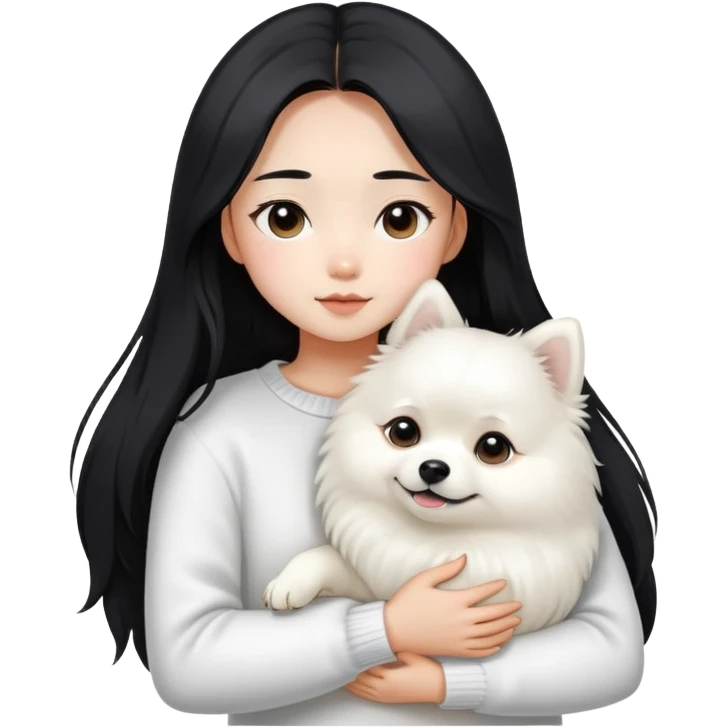 Asian girl with black middle-parted long hair wearing a white sweater hugging a white Pomeranian dog emoji