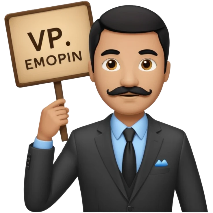 Black haired man with black mustache wearing a suit and holding a sign that says VP emoji