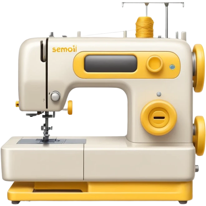 Emoji of a modern sewing machine inspired by a Brother machine. Soft, rounded shapes in the style of Apple emojis, with subtle gradients and soft shadows. White body, a yellow spool on top emoji