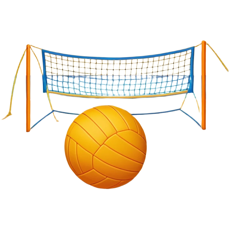 A volleyball resting on the yellow sand on a beach, with the net in the background and a scenic view of the ocean and sky. The scene captures the relaxed yet competitive vibe of beach volleyball, with warm sunlight and the natural beauty of the beach. emoji