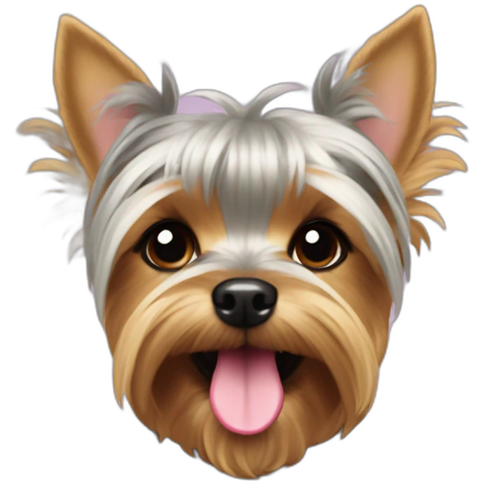 yorkshire terrier with grey hair with the tongue and two little pink hai-rbow on the head emoji