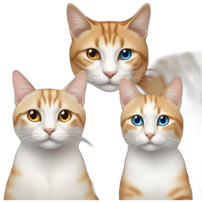three cats sitting together, one lynx siamese cat with blue eyes, one orange and white tabby cat with yellow eyes, one orange cat with orange eyes emoji