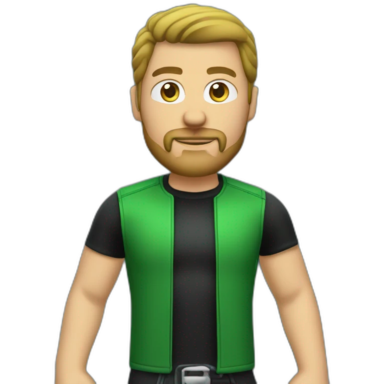 round headed white male biker wearing black and green with bottom goatee emoji