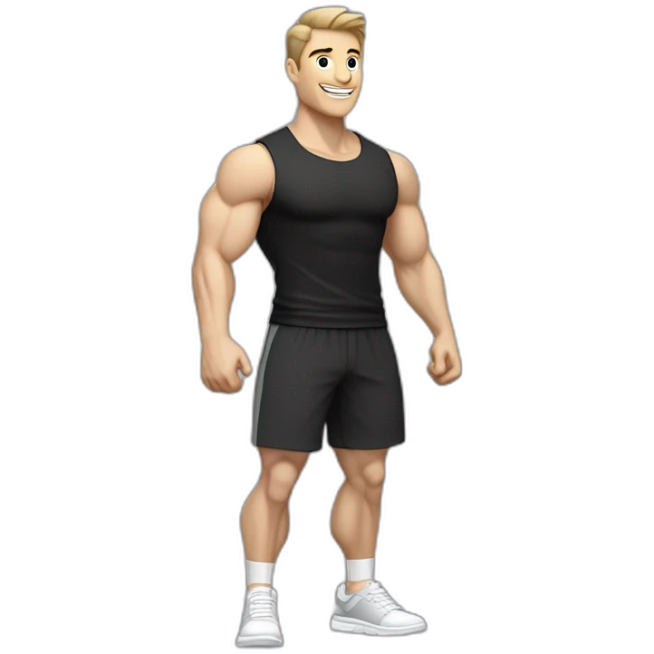 Joyful Pale skinned Fit Man With the biceps and dark brown hair in black shirt, gray sports shorts and white Sneakers emoji