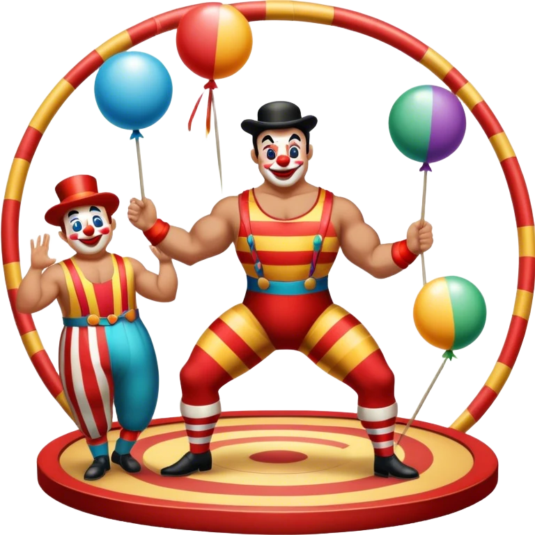 Icon for Circus Arts: a grand vibrant round circus arena with a strongman in a striped costume,  juggler and a clown performing. The icon should convey the excitement and fun of circus performances, with focus on the performers and the colorful setting. Transparent background. emoji