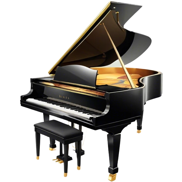 Cinematic Realistic Piano, glossy black grand piano with elegantly curved edges, pristine white and black keys, soft golden light reflecting off its polished surface, faint reflections of a musician’s hands, glowing with refined elegance and musical depth. emoji