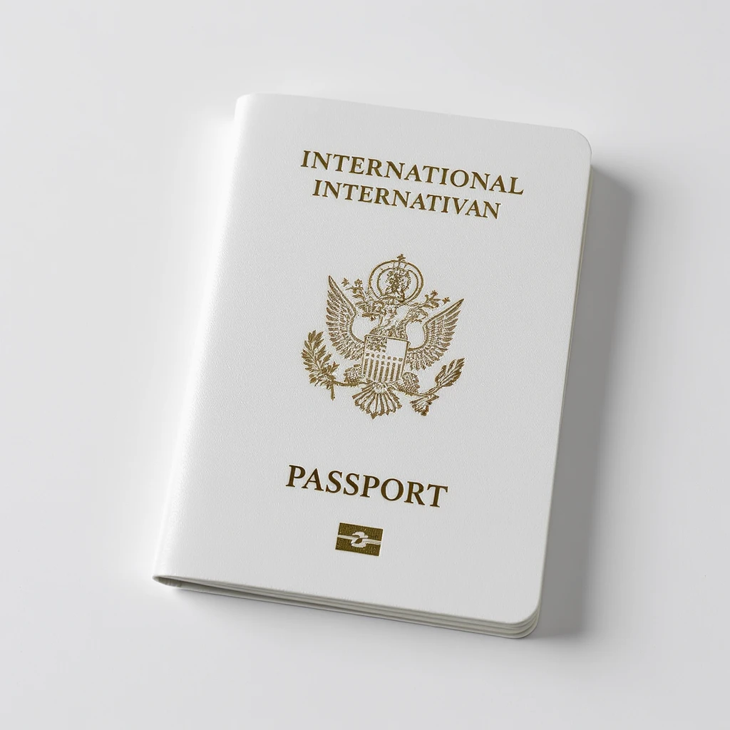 realistic stock photo style white international passport on white background with soft shadows, no decoration emoji