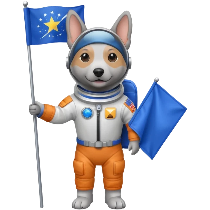 a gray dog in space suit, holding blue rectangle flag, full body, front view emoji