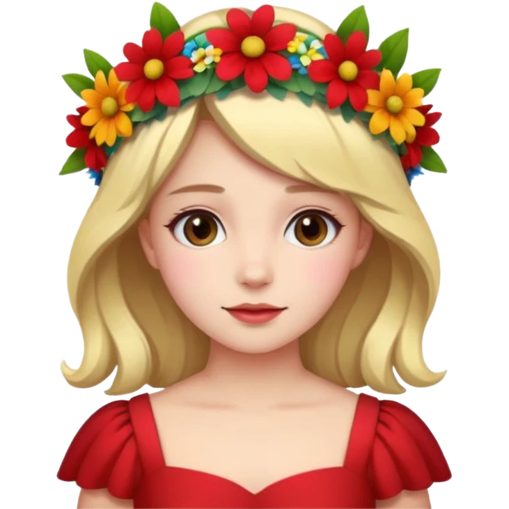 girl with flower crown in red dress and colored flowers emoji