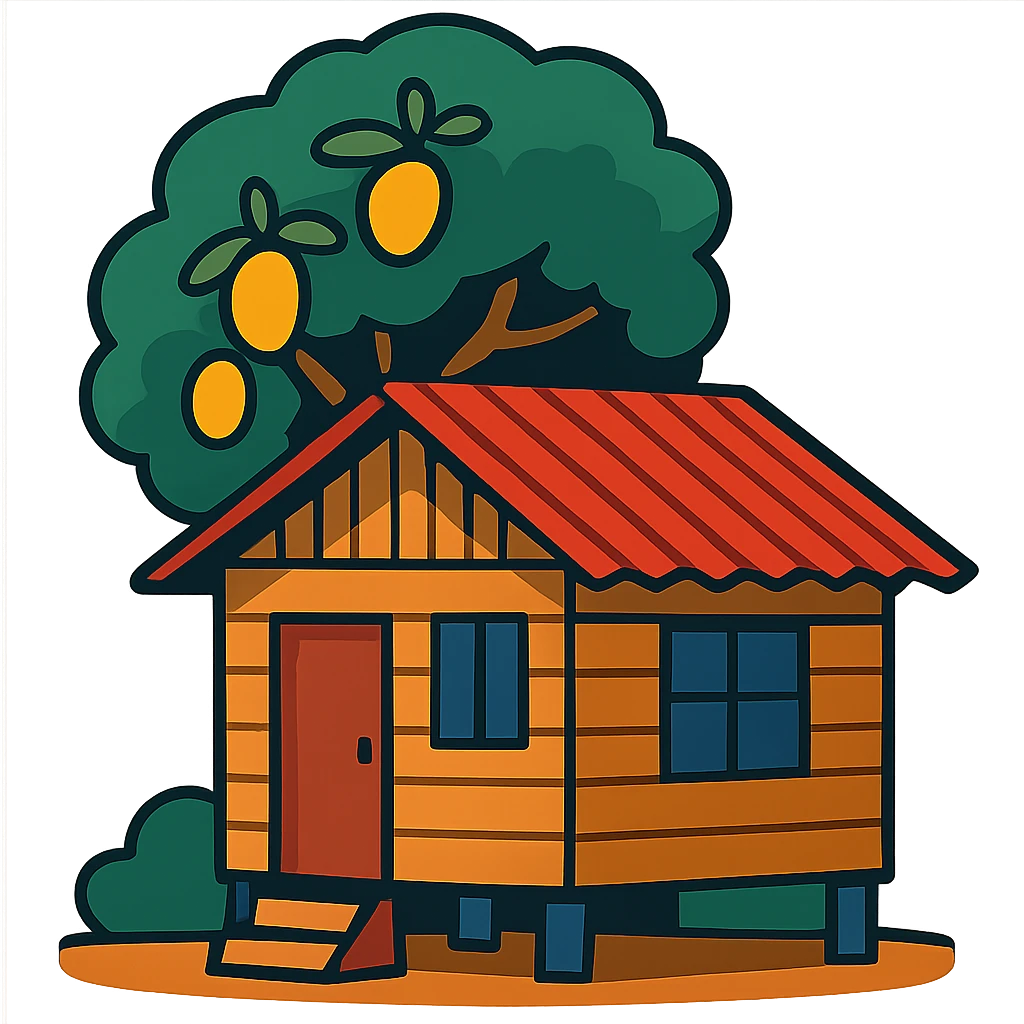 A simple light brown wooden house from a barrio with a mango tree behind it emoji