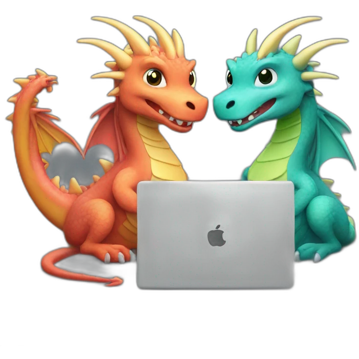 two dragon friends different colors looking at a laptop emoji